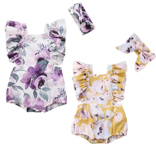 Girls' floral two-piece outfit with back tie and matching headband, stylish girls' clothing set from Trendy Attic Store01.