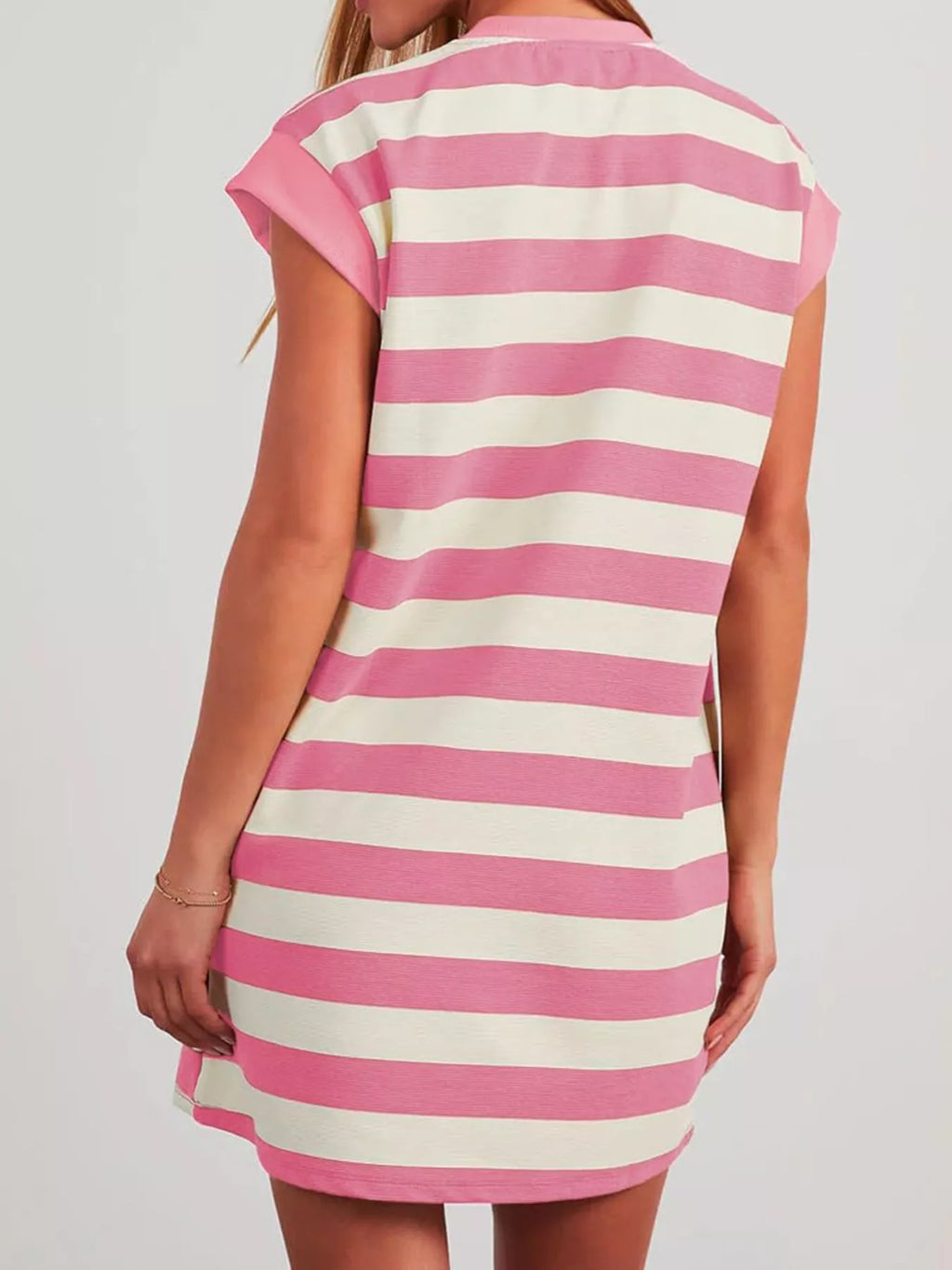 Plus size casual striped short sleeve mini dress from Trendsi, featuring a full size fit and stylish design.