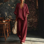 FitiqueFit casualwear set featuring a V-neck loose short-sleeve top and matching pants in five colors, available in sizes S to 4XL.