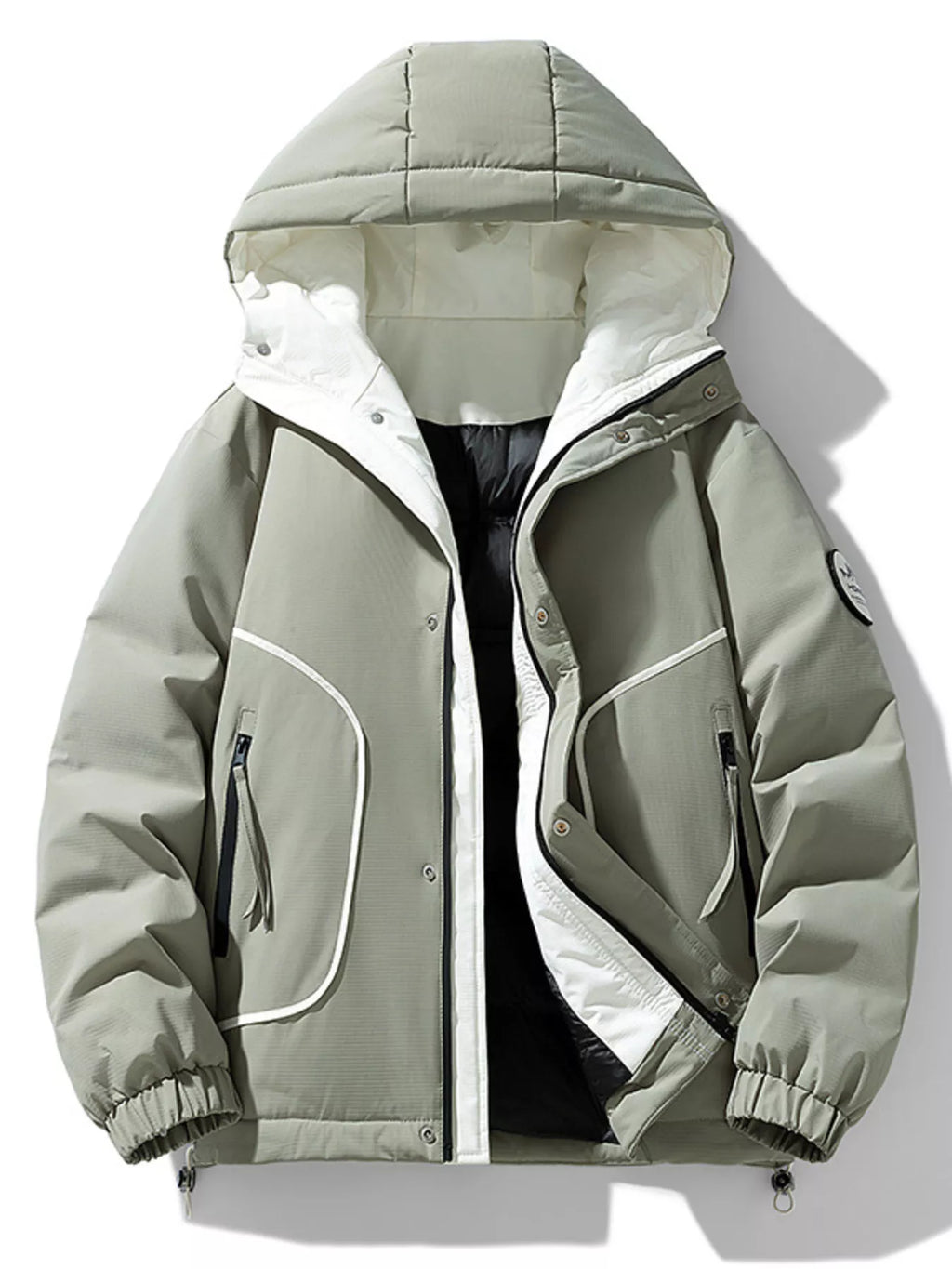 Men's plus size contrast hooded puffer jacket by Shopimist, featuring a quilted design and adjustable hood for cold weather.