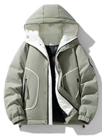 Men's plus size contrast hooded puffer jacket by Shopimist, featuring a quilted design and adjustable hood for cold weather.