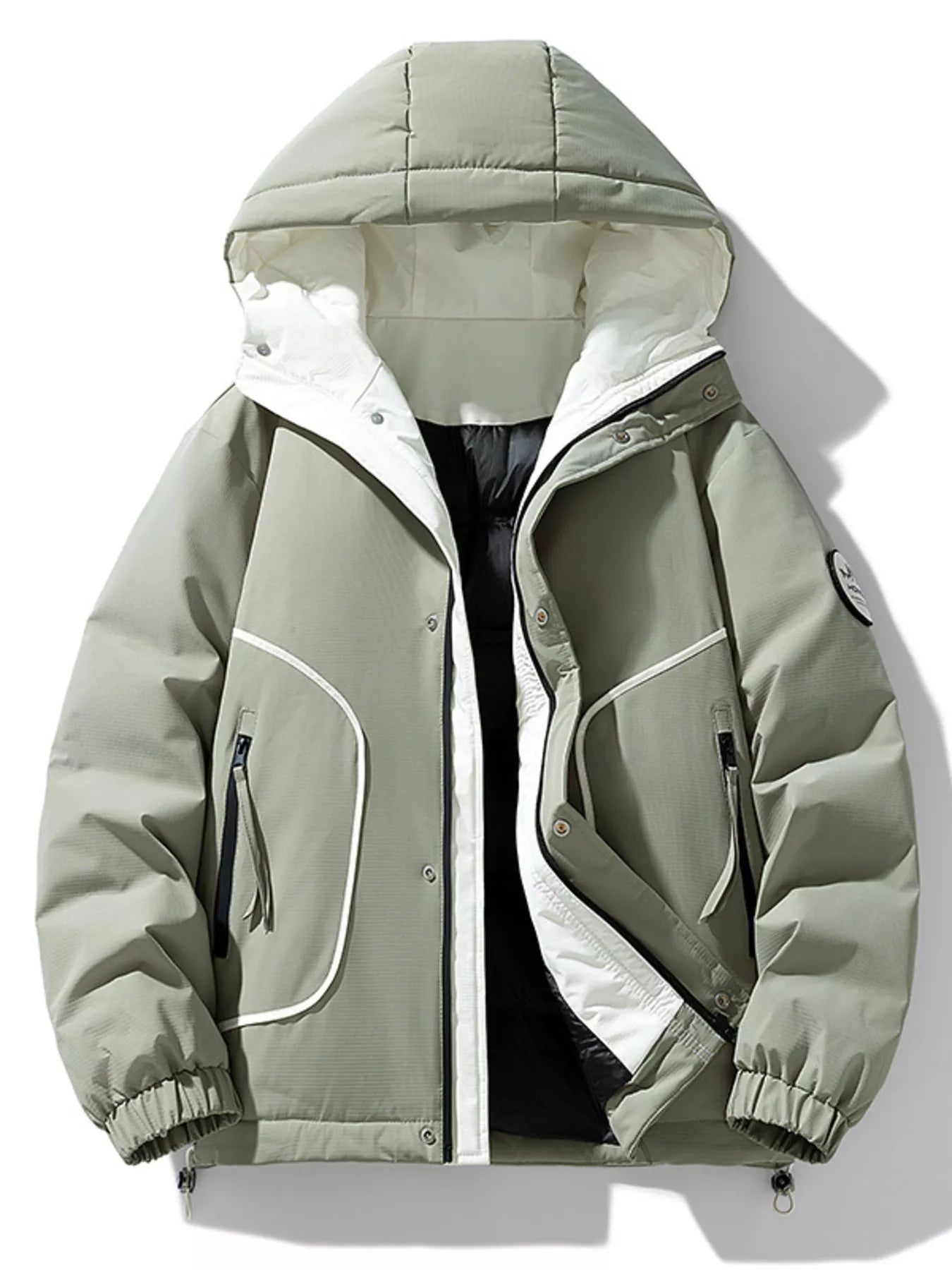 Men's plus size contrast hooded puffer jacket by Shopimist, featuring a quilted design and adjustable hood for cold weather.