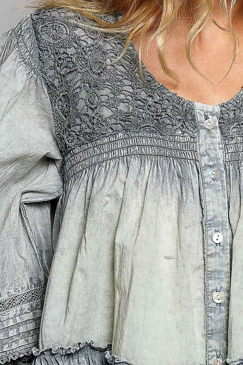 Shopimist POL washed layered lace pintuck flared woven blouse with intricate lace details and a flowing silhouette.