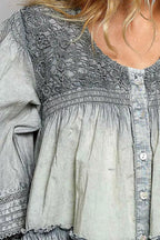 Shopimist POL washed layered lace pintuck flared woven blouse with intricate lace details and a flowing silhouette.