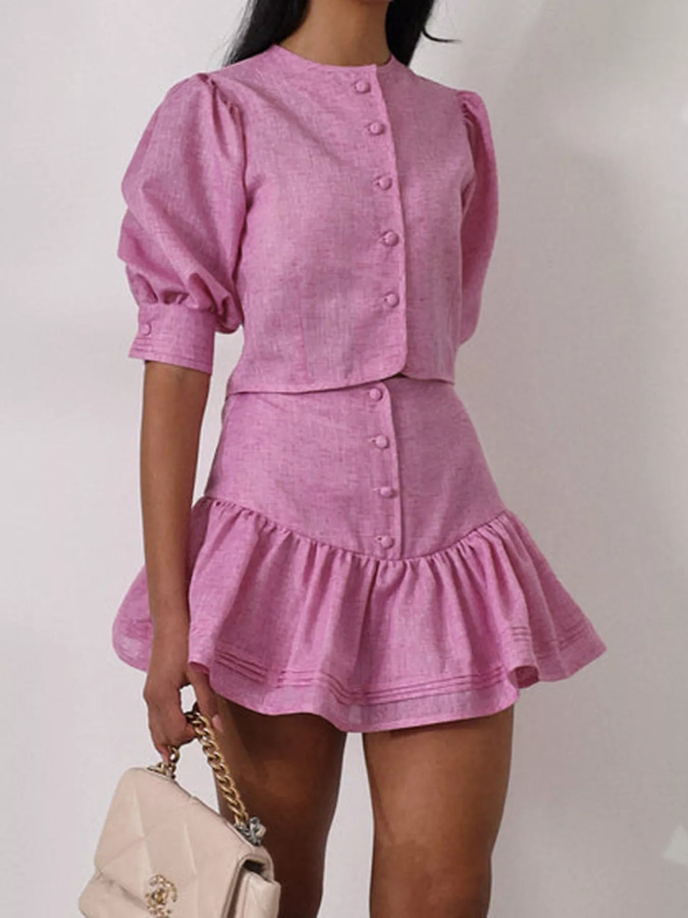 Plush Fashion Hub puff sleeve cropped top and ruffled skirt set, stylish and trendy women's fashion outfit.