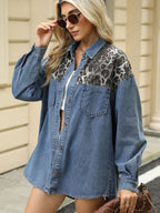 VYSN leopard button-up long sleeve denim jacket with classic design and stylish pattern, perfect for casual fashion.