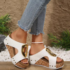 Shopimist open toe wedge sandals with cork platform and tan straps, perfect for summer wear and casual outings.
