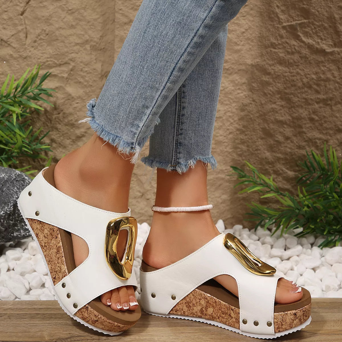 Shopimist open toe wedge sandals with cork platform and tan straps, perfect for summer wear and casual outings.