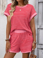 Simply Love striped casual round neck top and shorts set, with a comfortable fit, perfect for relaxed summer wear.