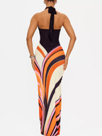 Halter neck maxi dress with abstract print by Shopimist, flowing silhouette and vibrant pattern for summer wear