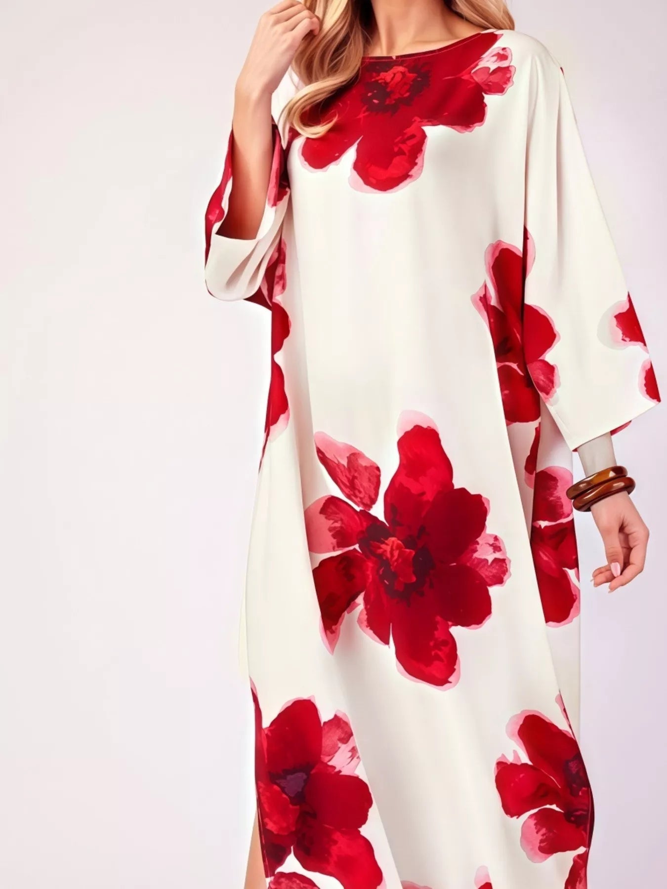 Floral print round neck dress by Plush Fashion Hub featuring a vibrant floral pattern and comfortable fit.