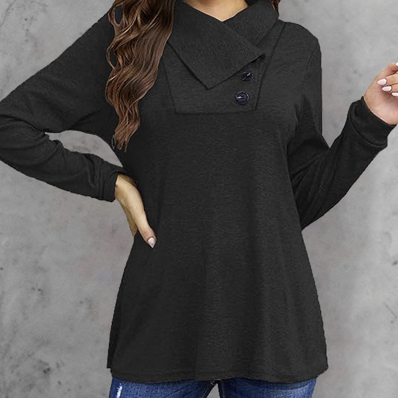 Women's long sleeved hood collar button waist top by FitiqueFit, casualwear T-shirt with stylish design and comfortable fit.