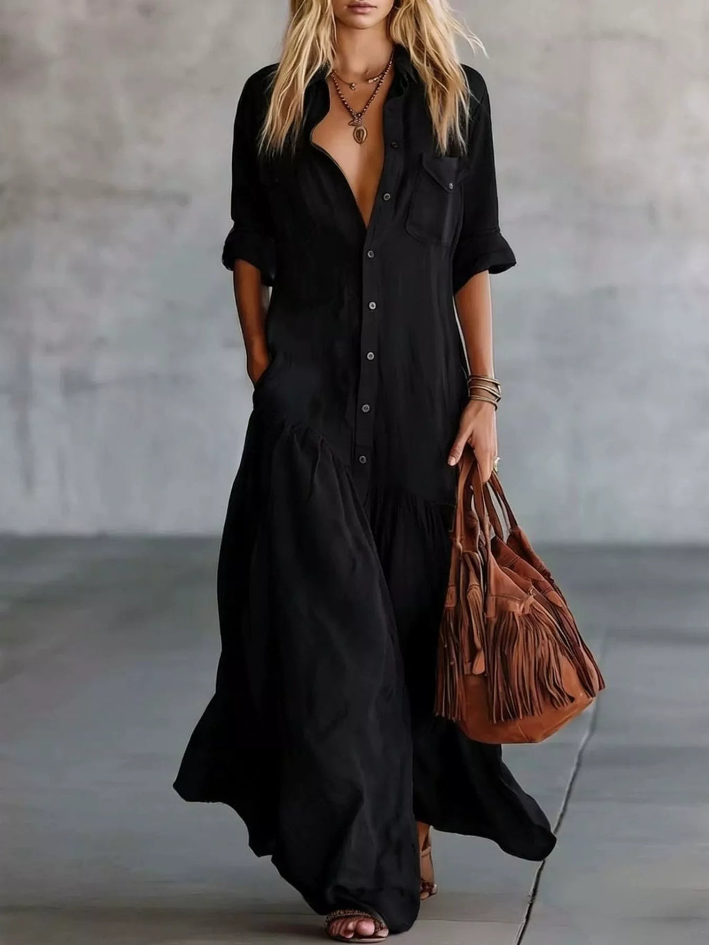 Plus size maxi dress with button front and roll-up sleeves from Plush Fashion Hub, shown in a full-length view.