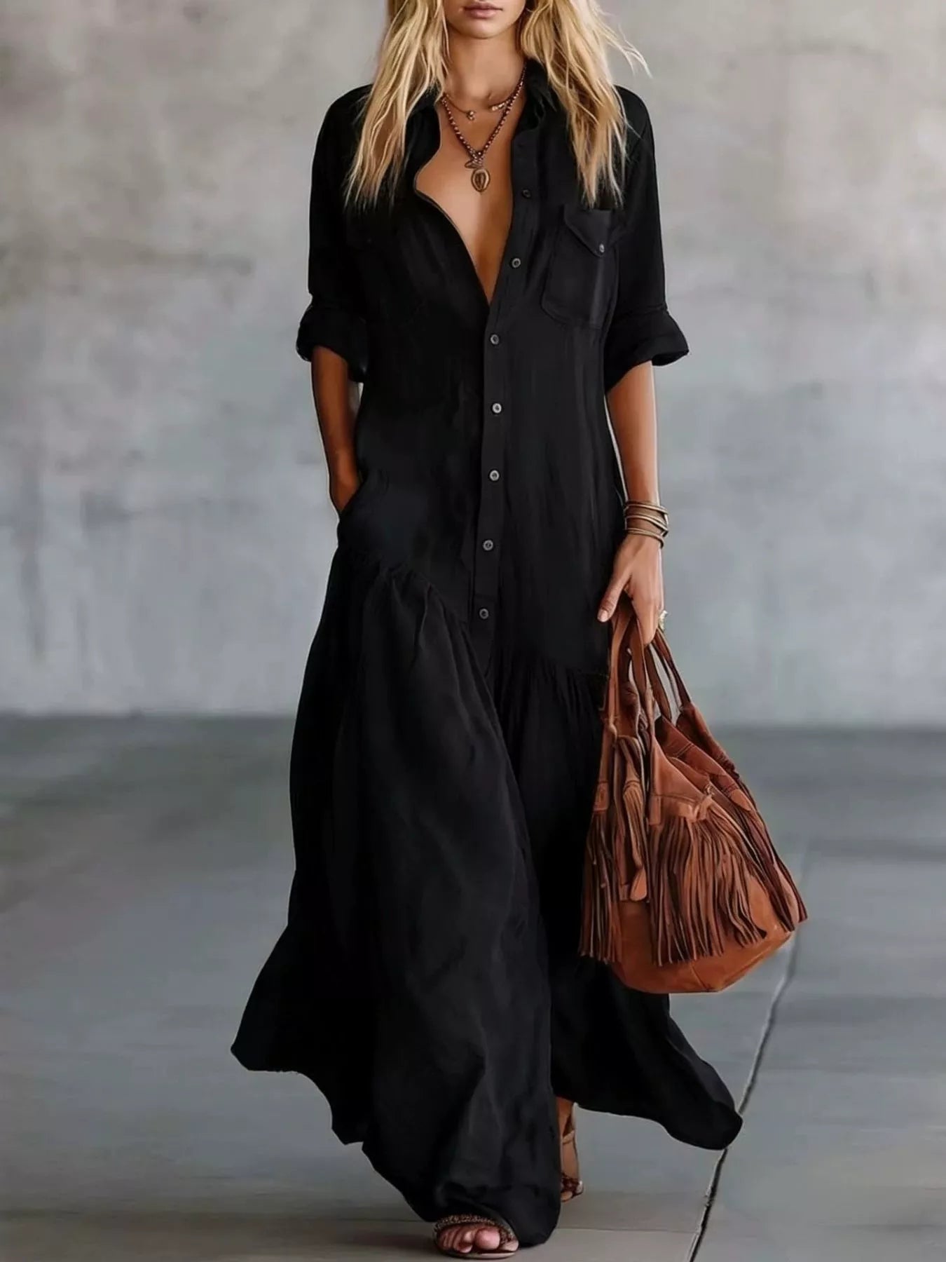 Plus size maxi dress with button front and roll-up sleeves from Plush Fashion Hub, shown in a full-length view.