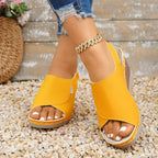 Shopimist peep toe wedge sandals with open toe design, tan color, and chunky heel on a white background.