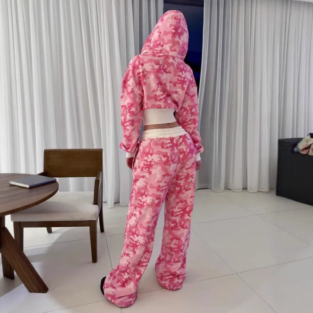 Style Pink Camouflage Print Casual Set High Street Hip-Hop Zipper Jacket with Tie Waist Pants