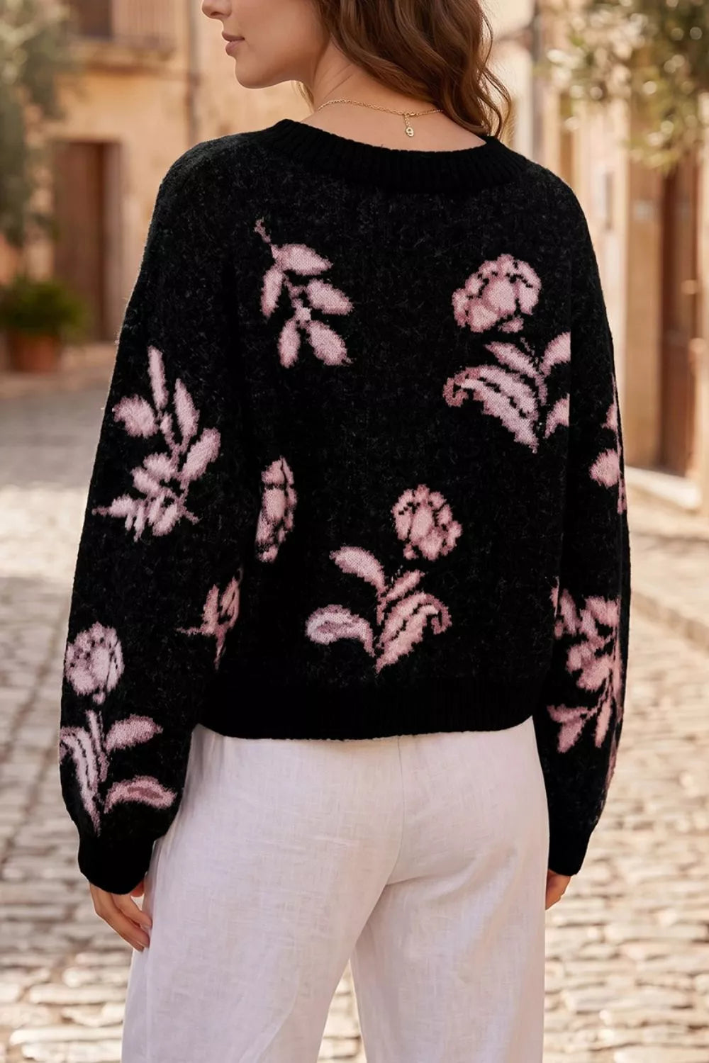 Floral pattern puff sleeve dropped shoulder pullover sweater in soft fabric, featuring a relaxed fit and stylish design.