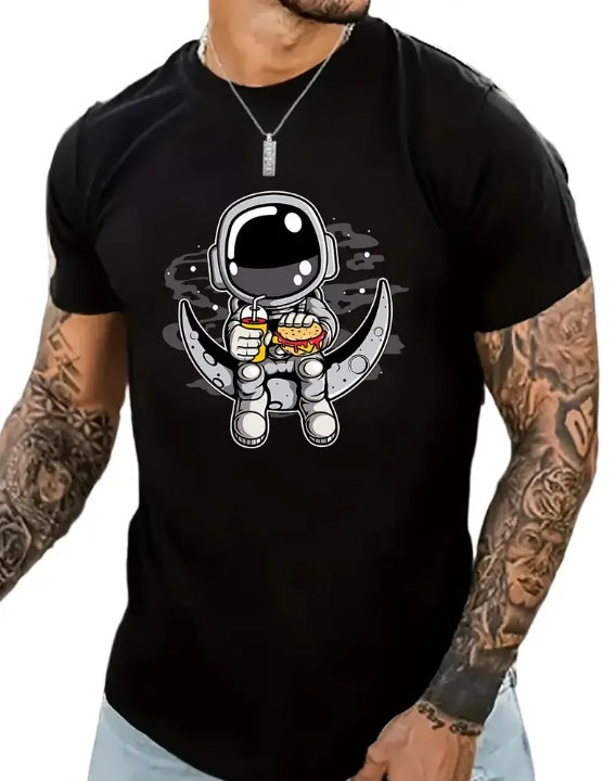 Cartoon astronaut men's streetwear T-shirt from Plush Fashion Hub featuring casual summer summer crew neck tee with astronaut graphic.