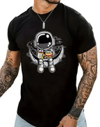 Cartoon astronaut men's streetwear T-shirt from Plush Fashion Hub featuring casual summer summer crew neck tee with astronaut graphic.