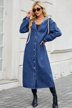 VYSN denim button-up long sleeve longline hooded outerwear, stylish and casual longline jacket with hood, front pockets, and button closure.