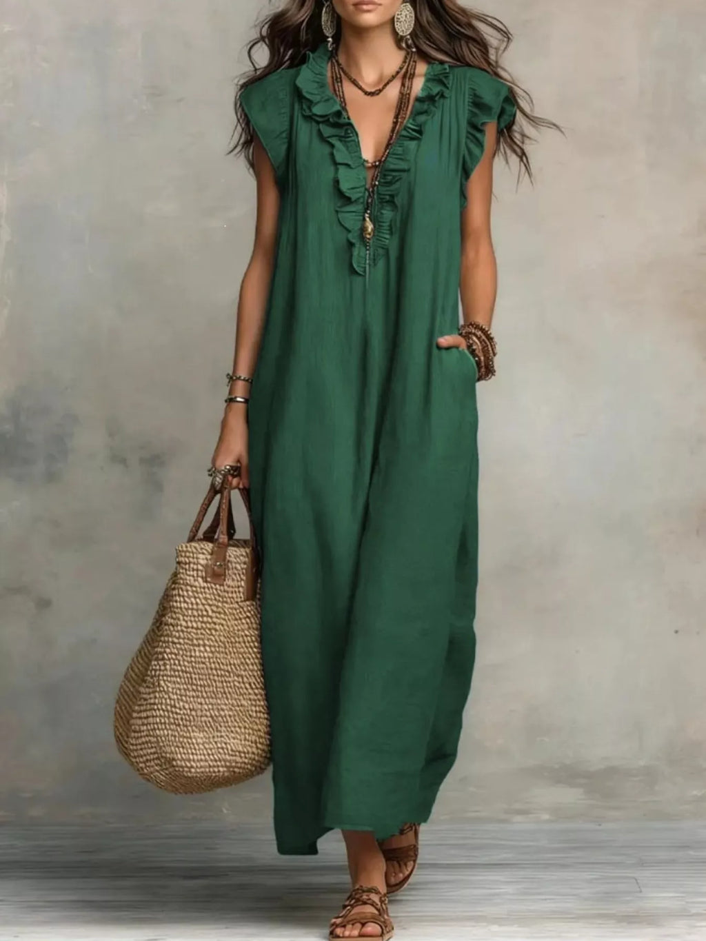 Plush Fashion Hub ruffled V-neck maxi dress with flowing fabric and elegant design, perfect for summer or special occasions.