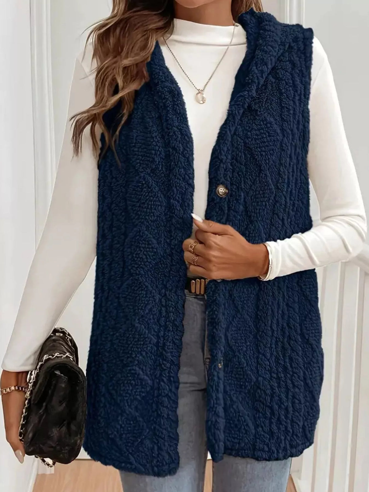 Simply Love hooded button-up sherpa vest coat with a cozy fleece lining, featuring a front button closure and a hood.