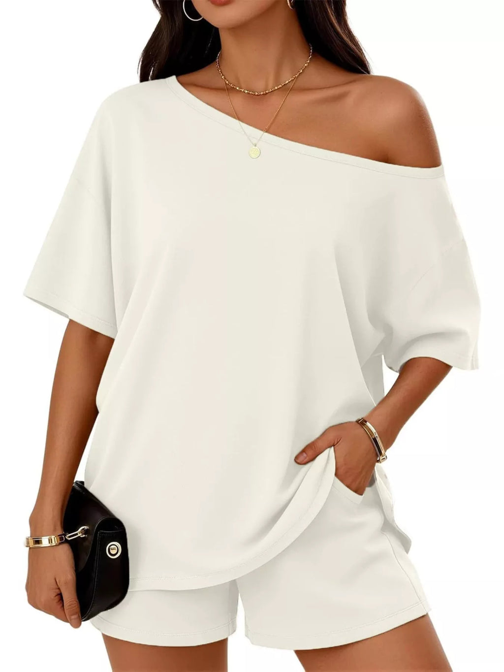 Plus size one shoulder top and shorts set by Plush Fashion Hub, stylish casual outfit with a fitted top and matching shorts.