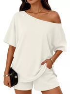 Plus size one shoulder top and shorts set by Plush Fashion Hub, stylish casual outfit with a fitted top and matching shorts.