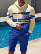 Men's plus size striped hoodie and shorts casual set from Trendsi, featuring comfortable, stylish matching top and bottoms.