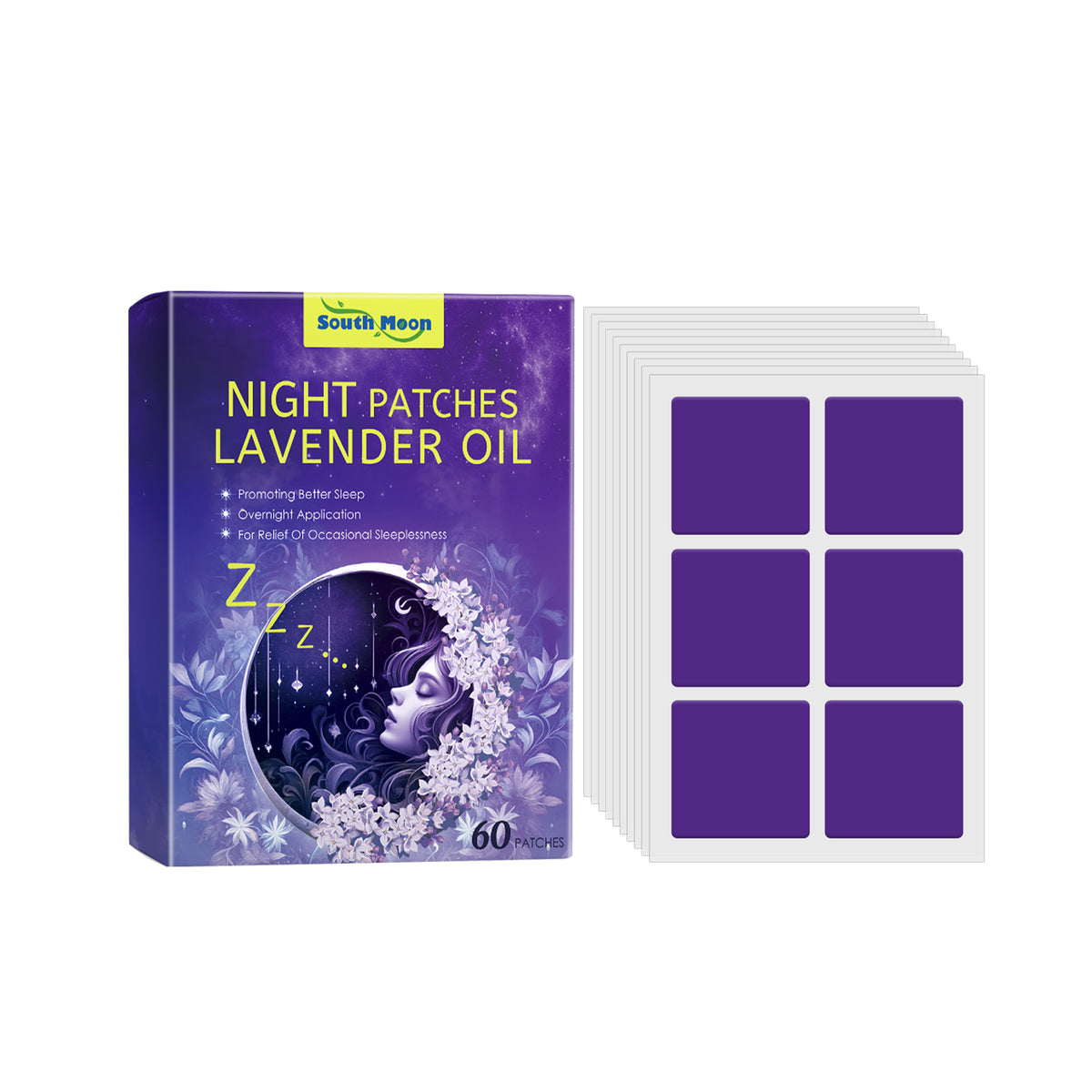 Purple South Moon lavender oil night patch box and matching purple adhesive patches on sheets.