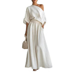 Elegant Fitted Asymmetrical Shoulder Top and Pants Two-Piece Set