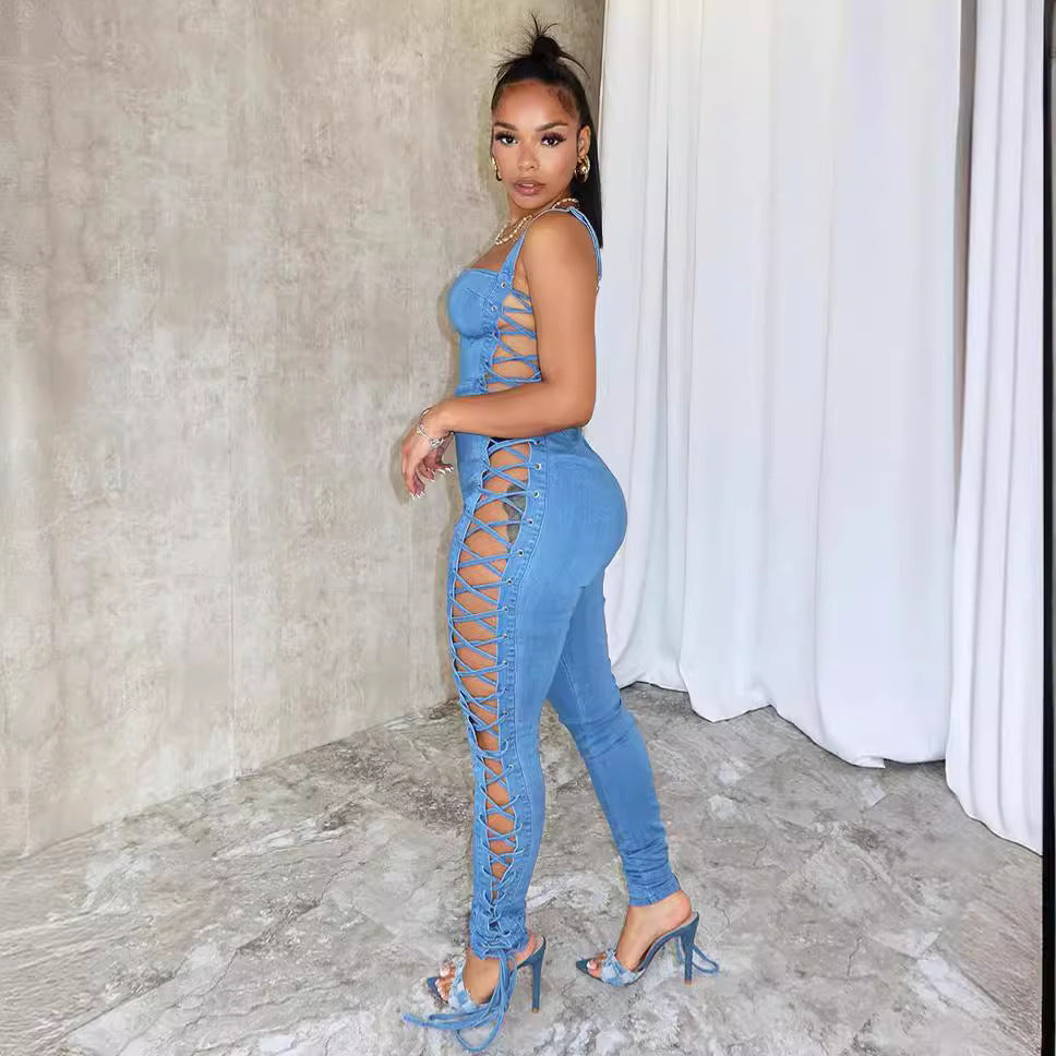 Fashionable Women's Belted Jumpsuit with Side Drawstring Denim Overalls