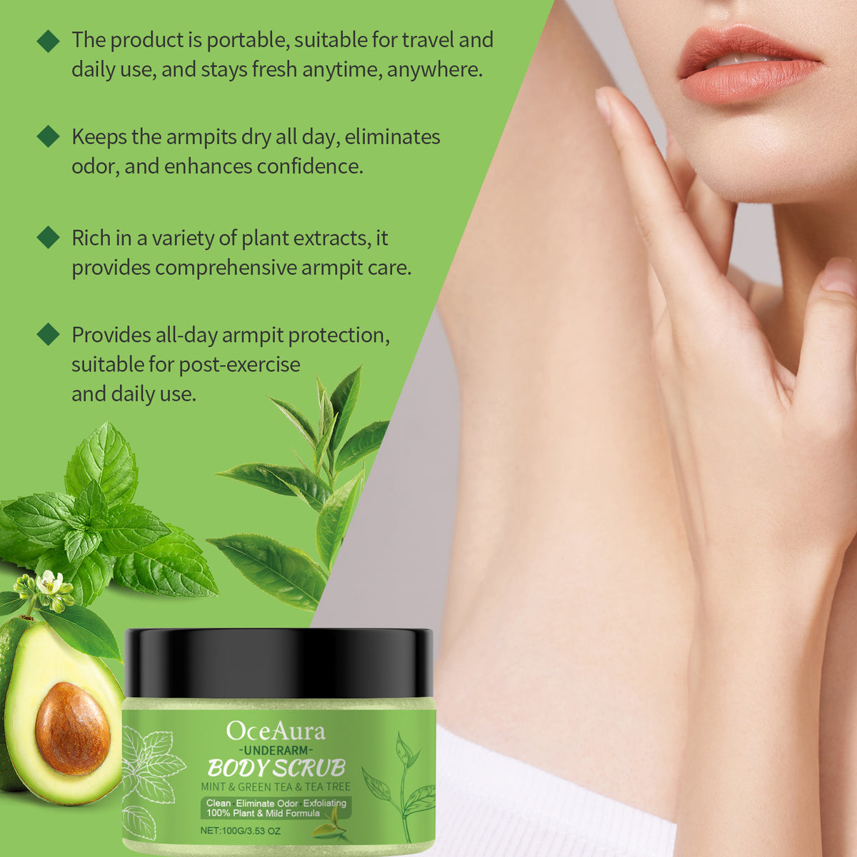 OceAura underarm body scrub in a green plastic jar with black lid, featuring a mint, green tea, and avocado design.