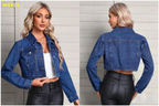Women's long sleeve denim jacket with flip collar by FitiqueFit, featuring classic streetwear style and button front closure.