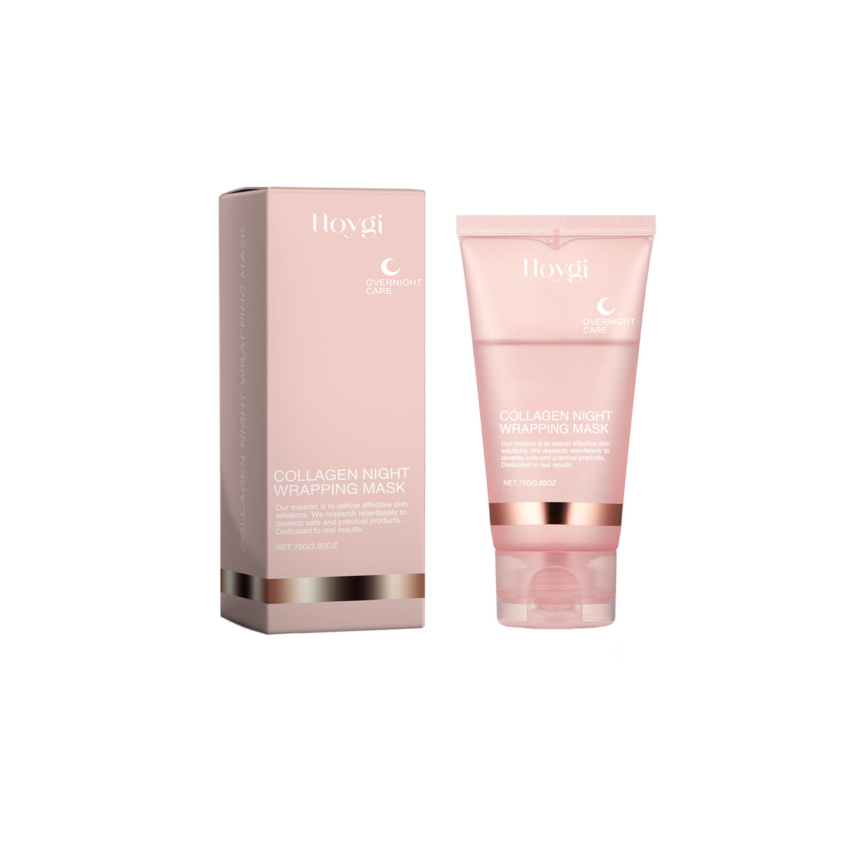 Light pink plastic Hoygi collagen night wrapping mask tube and matching cardboard box with white text.