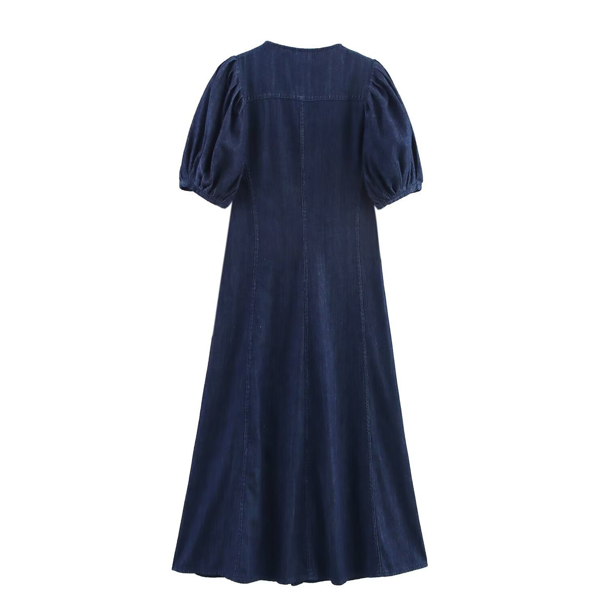 Back of a dark blue denim midi dress, featuring short puff sleeves, a solid pattern, and paneled construction.