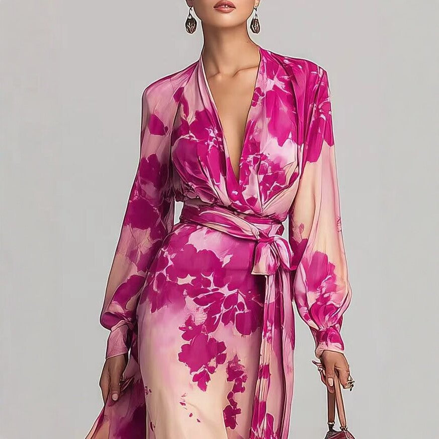 Women's floral printed chiffon maxi dress with long sleeves, V-neck, and tie-up waist by FitiqueFit, perfect for elegant summer wear.