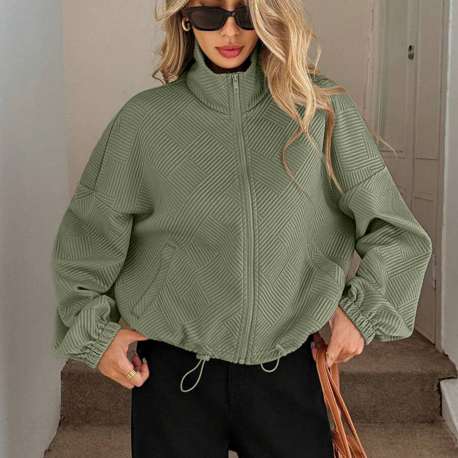 Women's Oversized Zip-Up Jacket with Pockets – High Neck Textured Coat