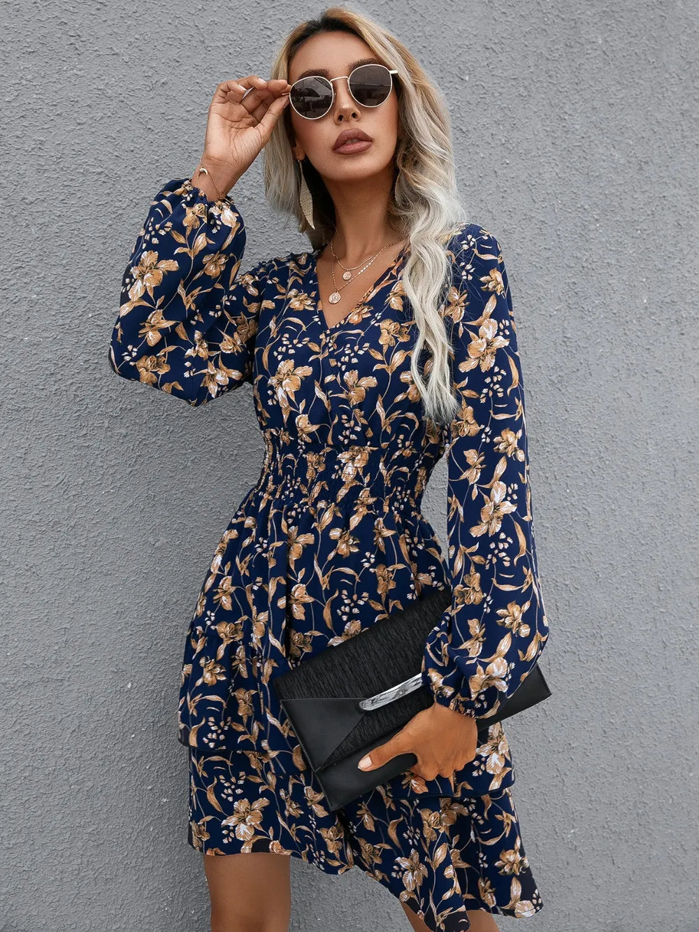 Floral layered surplice balloon sleeve dress by Plush Fashion Hub, casualwear with a flowy, feminine design and floral pattern.