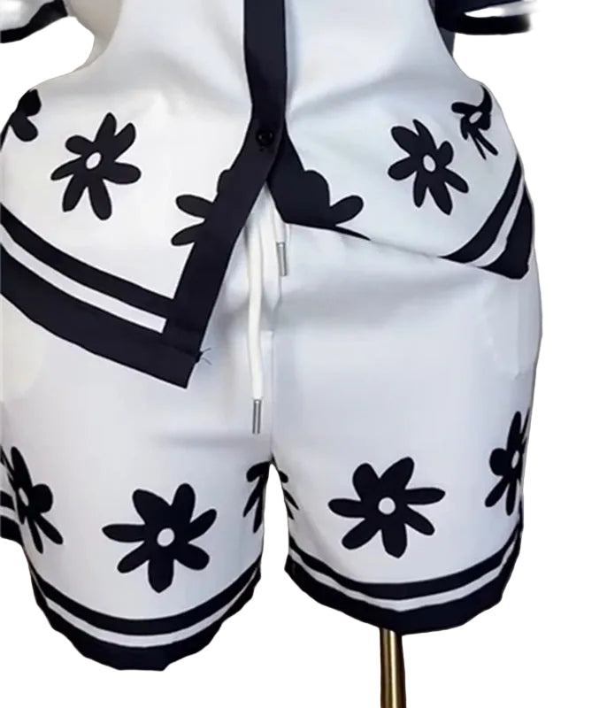 Colorblock Printed Collared Shirt and Shorts Set