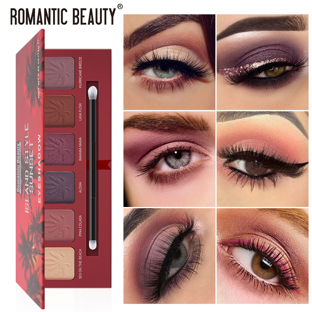 Red cardboard eyeshadow palette with palm tree pattern, six shades, dual brush, and six eye makeup swatches.