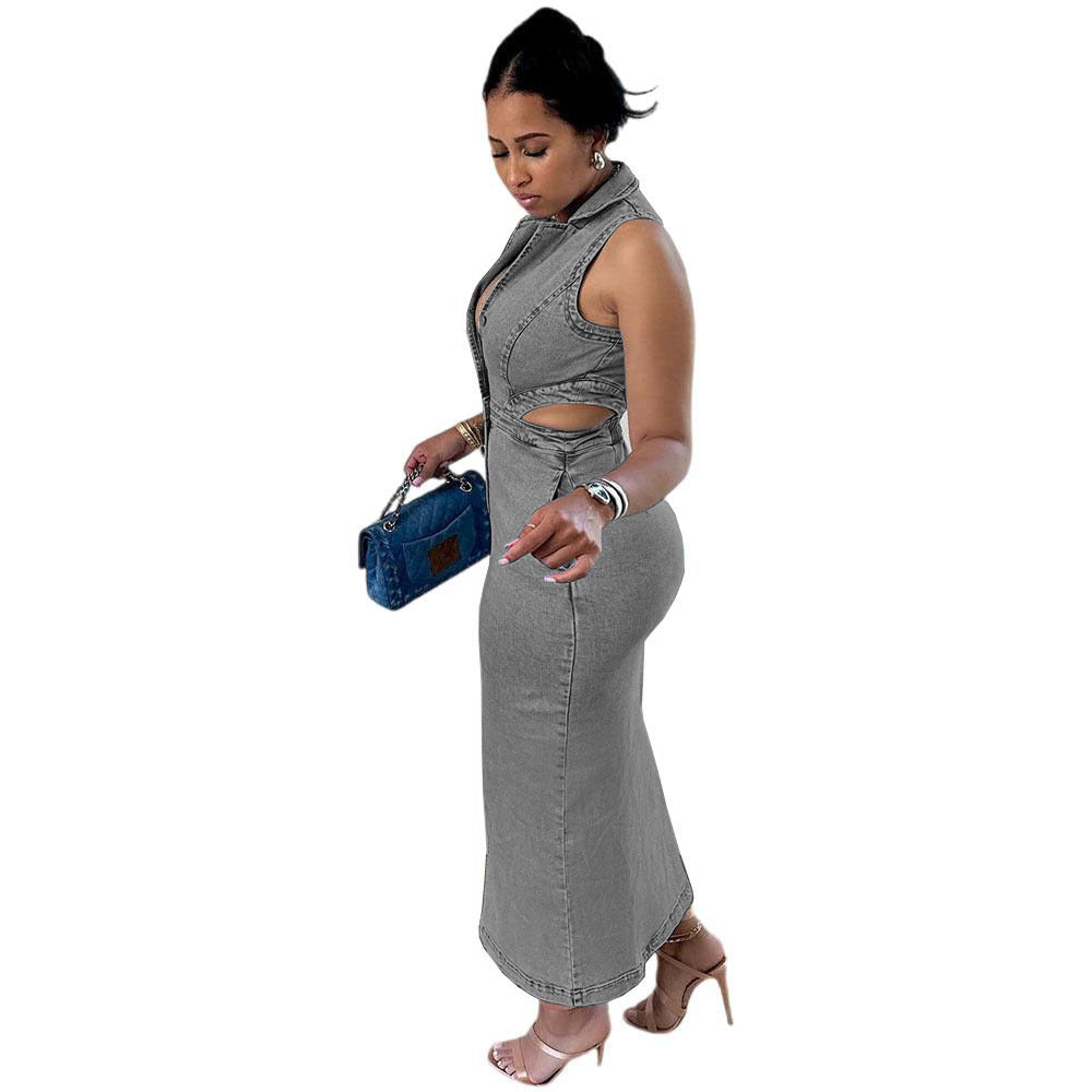 Eprolo women's sleeveless long dress with single-breasted style, necktie, and elastic waist for fashionable streetwear look.