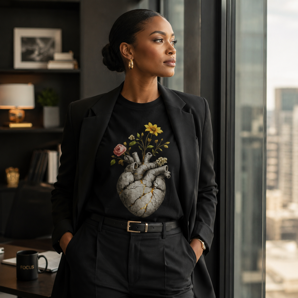 Wear Your Worship Growing Through What Broke Me T-shirt featuring bold black text on a soft cotton fabric.