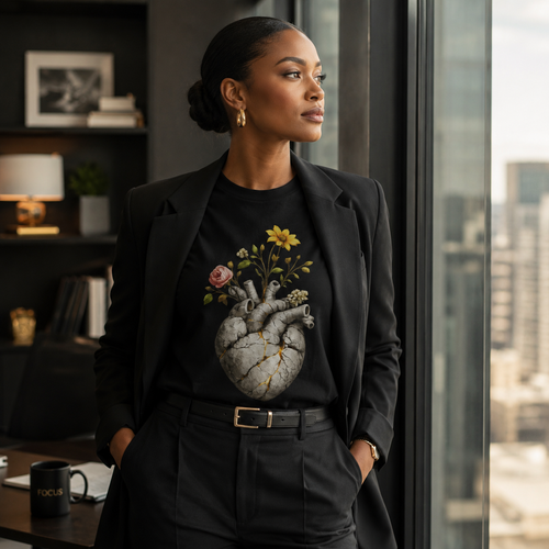 Wear Your Worship Growing Through What Broke Me T-shirt featuring bold black text on a soft cotton fabric.