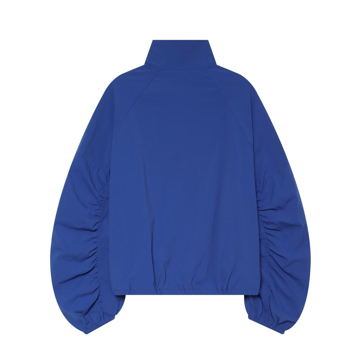Back of royal blue nylon windbreaker with high collar, gathered sleeves, and cinched hem.