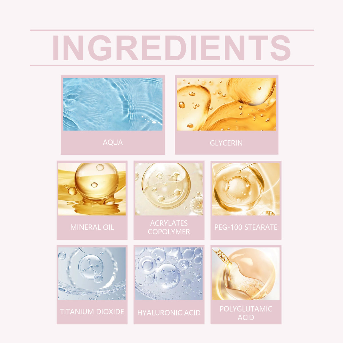 Infographic with the text "INGREDIENTS" and eight ingredient illustration panels with labels in pink.