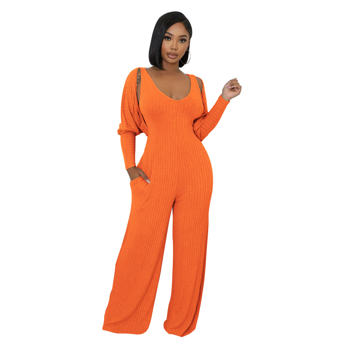 Modern cape-sleeve tailored jumpsuit from Plush Fashion Hub, featuring sleek design and sophisticated fit, shown in full view.