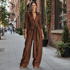 Women's collar long sleeve top with high-waist pants two-piece casualwear set in five colors, stylish and comfortable from Plush Fashion Hub.