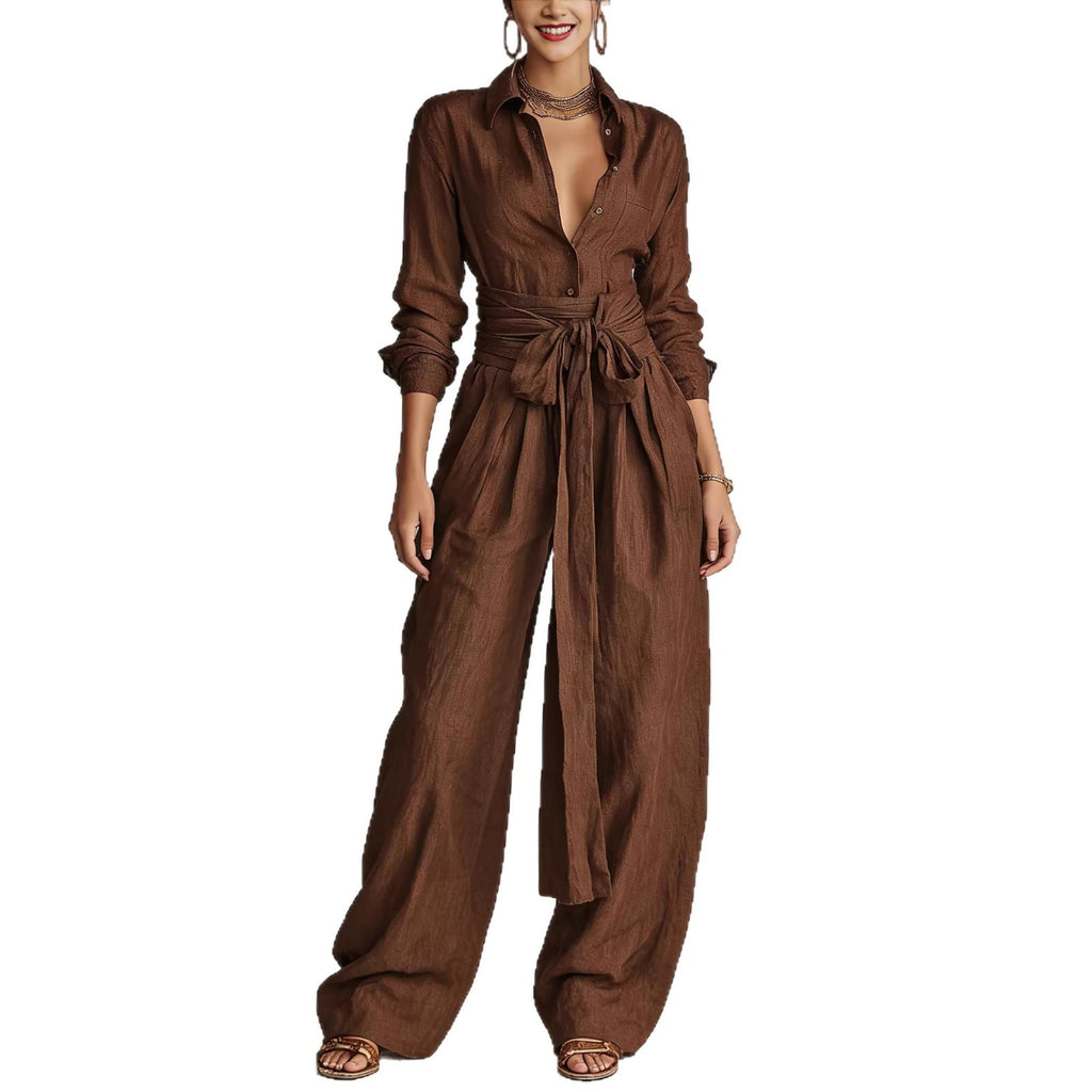 Solid color collar top high waisted pants two-piece set