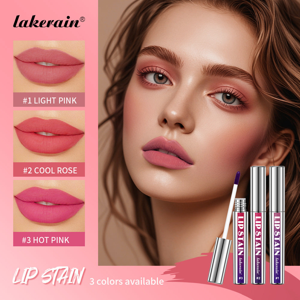 Lakerain lip stain in 3 shades: light pink, cool rose, and hot pink, shown with applicators and a model.
